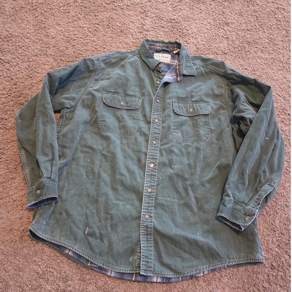 LL Bean flannel lined hurricane shirt green plaid button up outdoor cotton XL